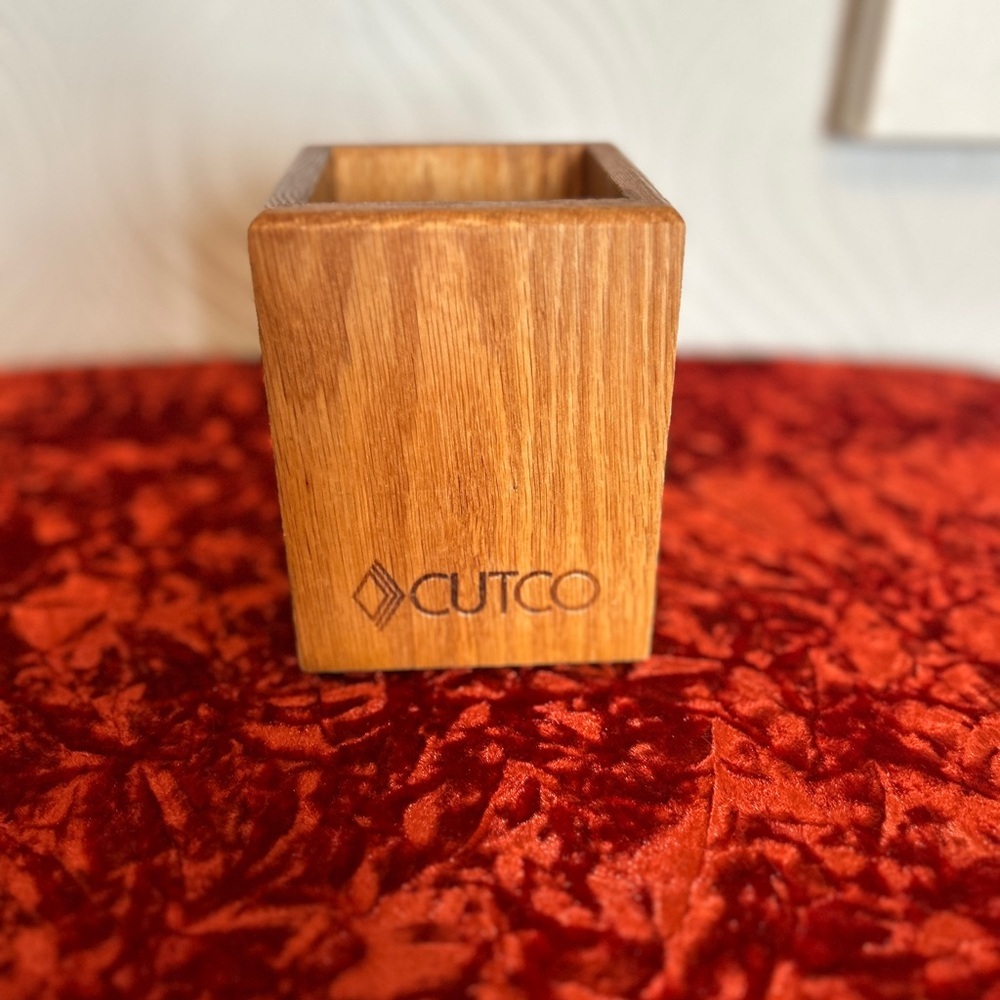 2 piece Cutco Oak-Tone Wooden Utensil Caddy and knife block set